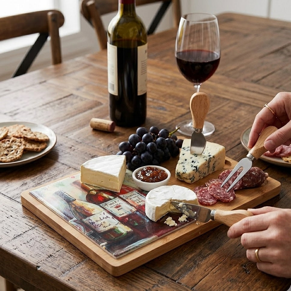 Excellent Houseware Bamboo Cheese Board and Knife Set Brown 30.5cm x 21.5cm 280000090 | Natural Wood Charcuterie Platter with 3 Stainless Steel Cheese Tools | Decorative Wine and Cheese Serving Tray with Ceramic Inlay Design