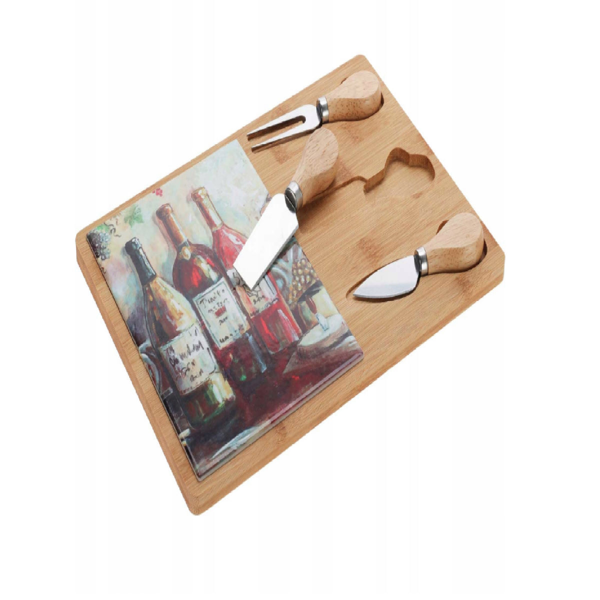 Excellent Houseware Bamboo Cheese Board and Knife Set Brown 30.5cm x 21.5cm 280000090 | Natural Wood Charcuterie Platter with 3 Stainless Steel Cheese Tools | Decorative Wine and Cheese Serving Tray with Ceramic Inlay Design