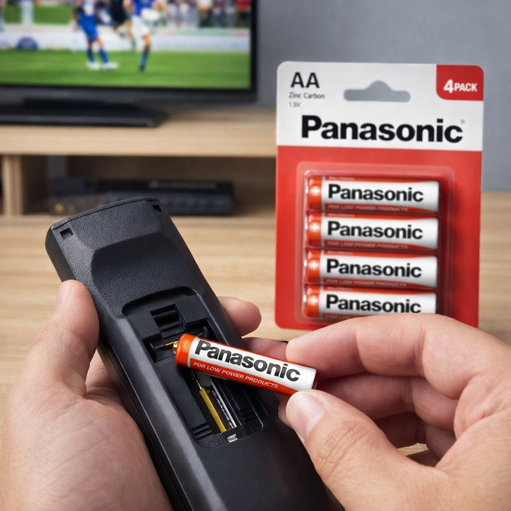 Panasonic Zinc Carbon AA Batteries Red and White Medium Pack of 4 PANAR6RB4 | 1.5 Volt R6 Everyday Power Cells | Non-Rechargeable Remote Control Batteries | Leak-Resistant Clock and Toy Battery | Low Drain Device Energy Battery