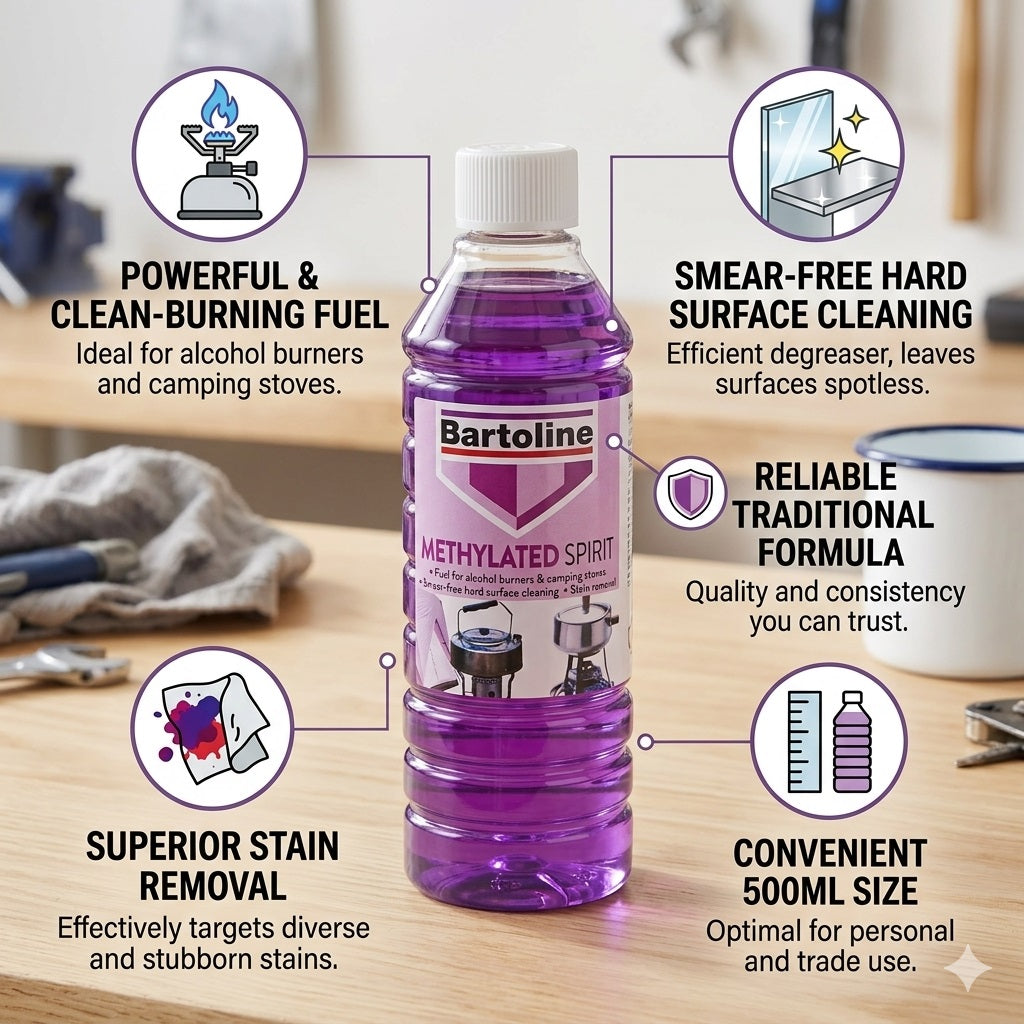 Bartoline Methylated Spirit Purple 500ml 55590000 | Multi Purpose Cleaning and Fuel Liquid | For Alcohol Burners | Camping Stoves and Degreasing | Stain Remover and Hard Surface Cleaner | Paint Residue Remover | Hard Surface Cleaner | Outdoor Cooking