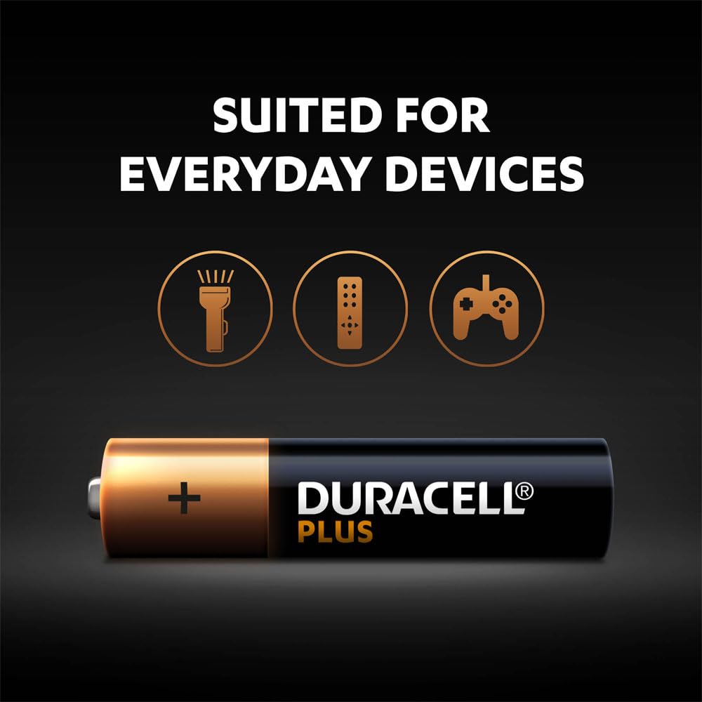 Duracell Plus AAA Batteries Gold and Black 1.5V Pack of 4 MN2400B4 | 100 Percent Extra Life LR03 MN2400 Alkaline Batteries | High Performance Triple A Battery | Long Lasting Power for Remote Controls and Toys | Trusted Household Energy Source