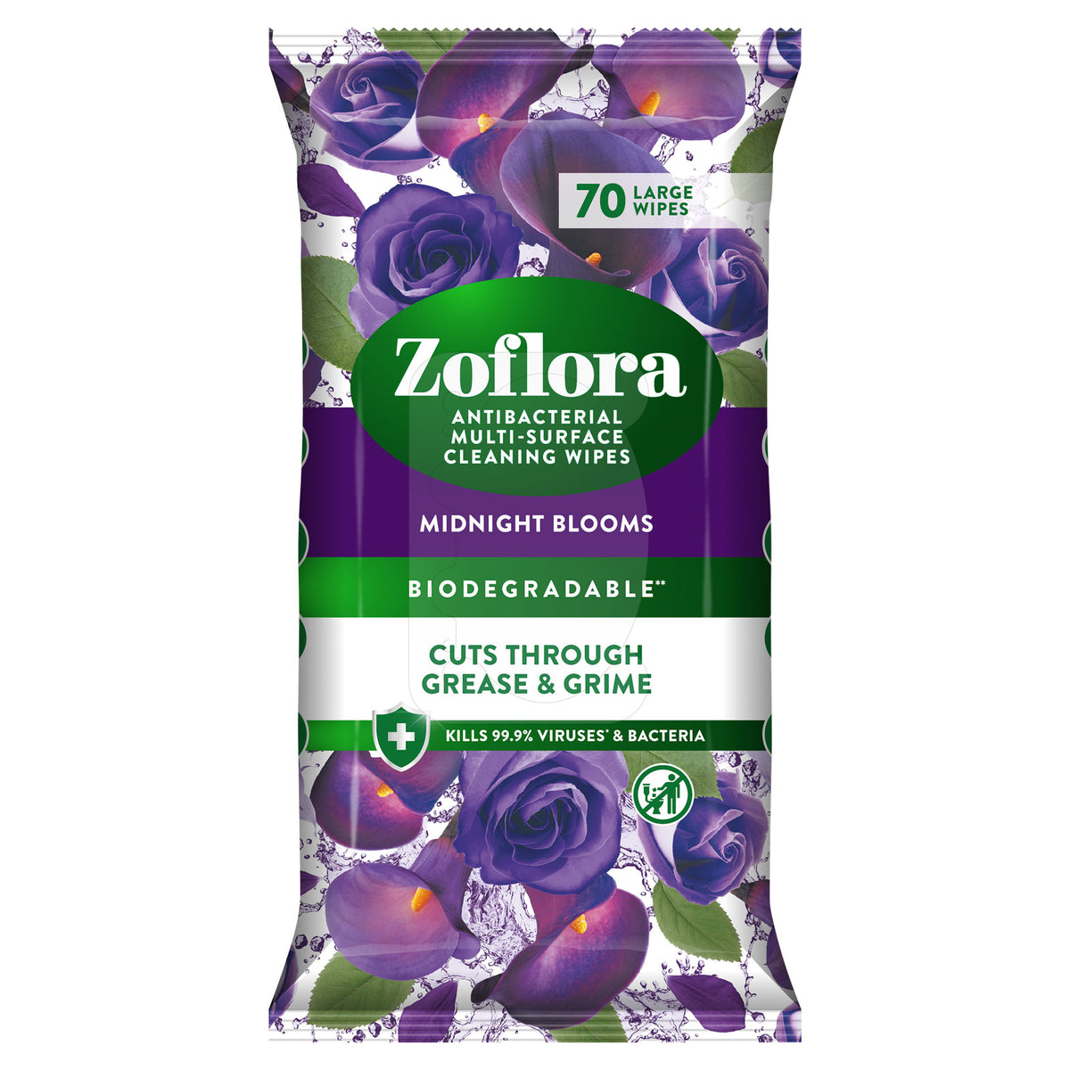 Zoflora Antibacterial Cleaning Wipes Midnight Blooms White Pack of 70 12177 | Biodegradable | Large Surface Wipes | Kills Viruses and Bacteria | Cuts Through Grease and Grime | Household Cleaning Wipes | Fresh Scented Wipes | Multi Surface Wipes