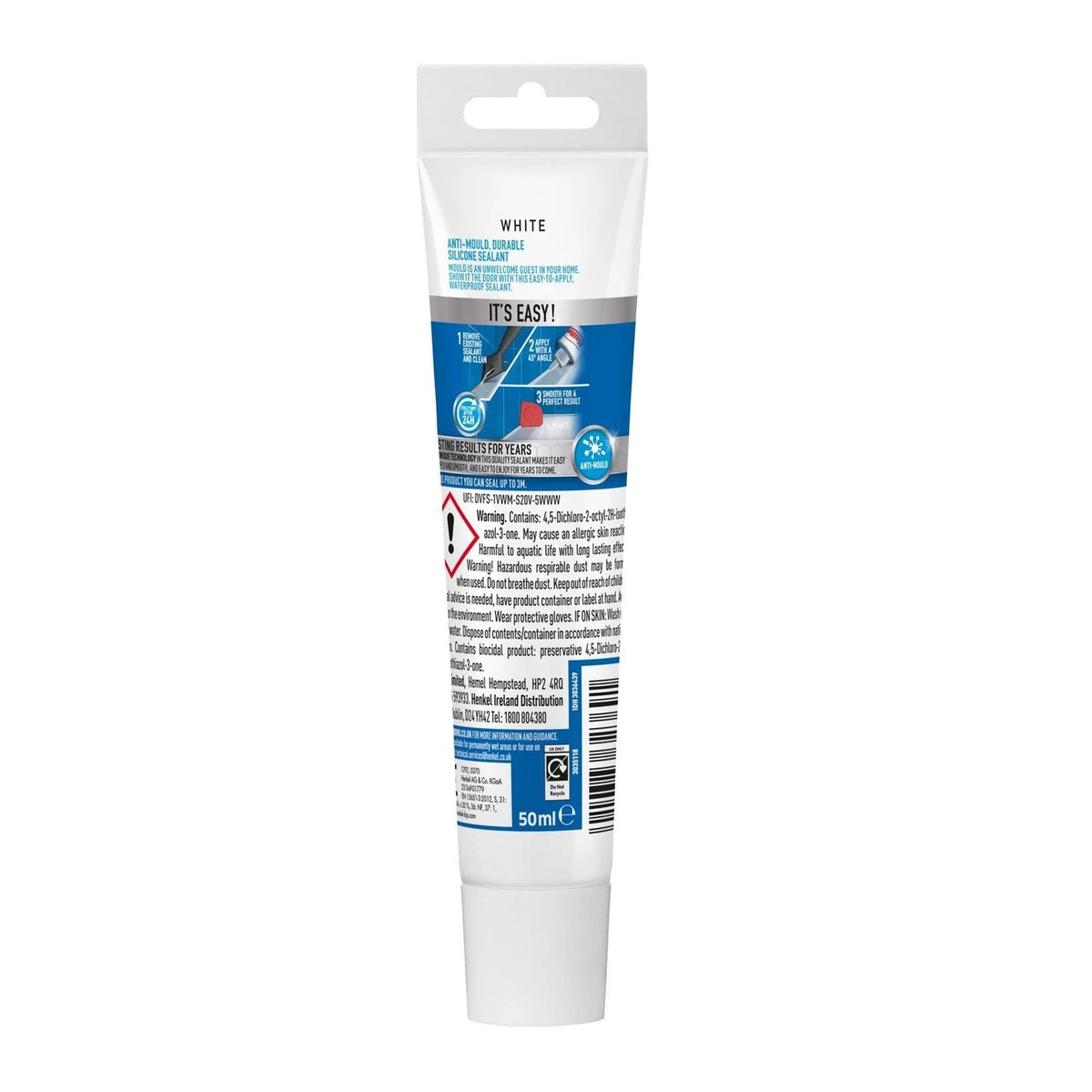 Henkel Unibond Anti Mould Kitchen and Bathroom Sealant Tube White 50ml 3036439 | Durable Silicone | Done in Minutes | Lasts For Years