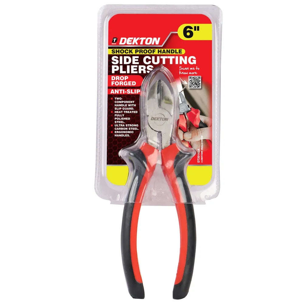 Dekton Side Cutting Pliers with Shock Proof Handle Black and Red 6-Inch DT20142A | Drop Forged Steel | Anti Slip Grip | Ergonomic Two Component Handles | Heat Treated Fully Polished Steel | Ultra Strong Carbon Steel | DIY Electrical and General Repairs