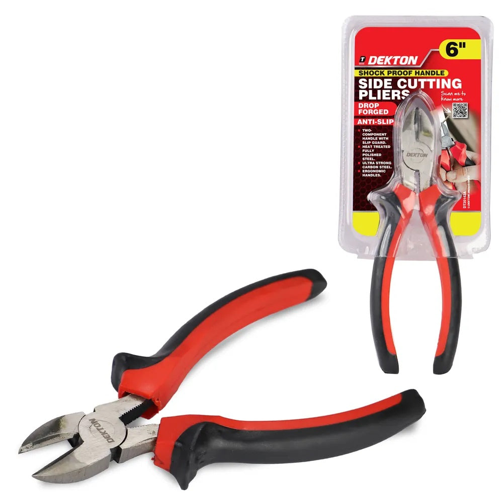 Dekton Side Cutting Pliers with Shock Proof Handle Black and Red 6-Inch DT20142A | Drop Forged Steel | Anti Slip Grip | Ergonomic Two Component Handles | Heat Treated Fully Polished Steel | Ultra Strong Carbon Steel | DIY Electrical and General Repairs