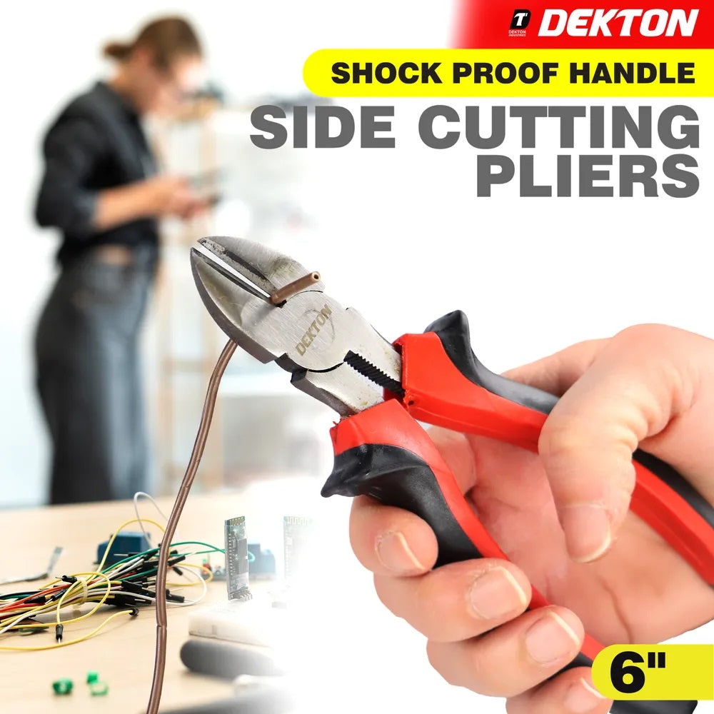 Dekton Side Cutting Pliers with Shock Proof Handle Black and Red 6-Inch DT20142A | Drop Forged Steel | Anti Slip Grip | Ergonomic Two Component Handles | Heat Treated Fully Polished Steel | Ultra Strong Carbon Steel | DIY Electrical and General Repairs