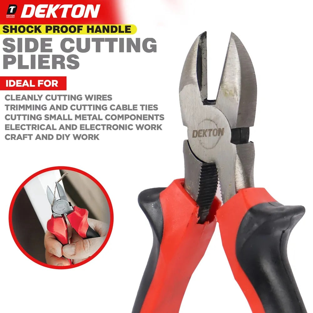 Dekton Side Cutting Pliers with Shock Proof Handle Black and Red 6-Inch DT20142A | Drop Forged Steel | Anti Slip Grip | Ergonomic Two Component Handles | Heat Treated Fully Polished Steel | Ultra Strong Carbon Steel | DIY Electrical and General Repairs