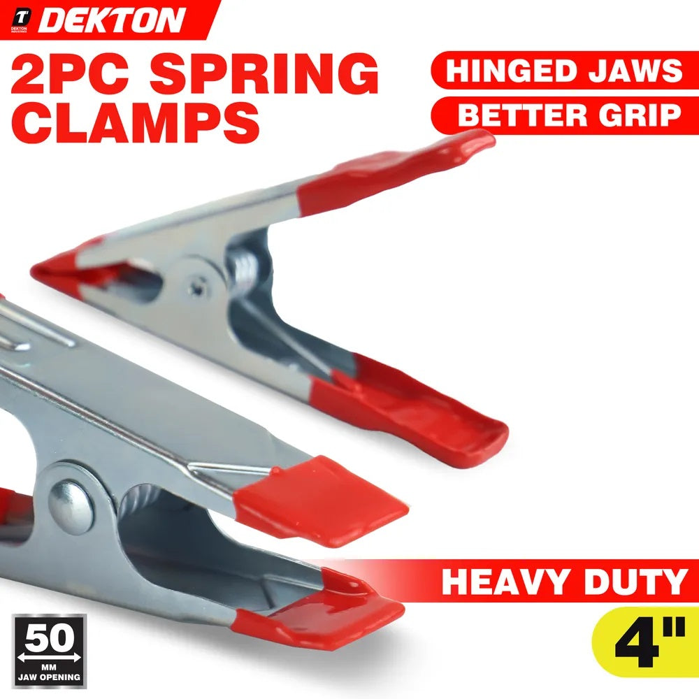 Dekton Spring Clamps Red and Silver 4-Inch Pack of 2 DT60631 | Heavy Duty Grip Clamps | Hinged Jaws | 50mm Jaw Opening | High Gripping Power | Non Slip Protective Tips | For Woodworking DIY Crafts and Repairs | Craft Clamps | Assembly Clamps | Multi