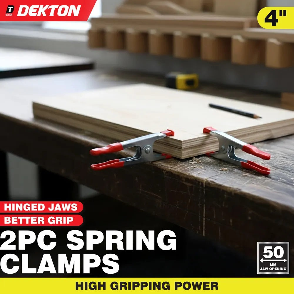 Dekton Spring Clamps Red and Silver 4-Inch Pack of 2 DT60631 | Heavy Duty Grip Clamps | Hinged Jaws | 50mm Jaw Opening | High Gripping Power | Non Slip Protective Tips | For Woodworking DIY Crafts and Repairs | Craft Clamps | Assembly Clamps | Multi