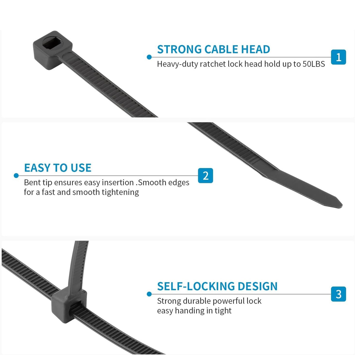 Dekton Heavy-Duty Multi Purpose Cable Ties Black 200mm x 4.8mm Pack of 80 DT70458 | Clic-Loc Technology | High Tensile Strength | Temperature Resistant | Self-Locking Teeth | For Indoor and Outdoor Use | UV Resistance | Bundle Diameter 50mm | Holds Up to