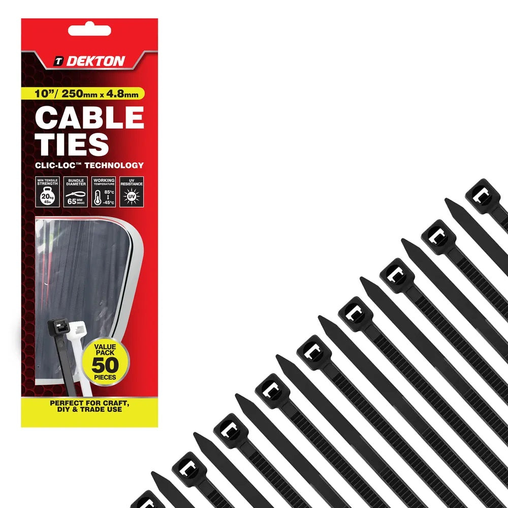 Dekton Heavy-Duty Multi Purpose Cable Ties Black 250mm x 4.8mm Pack of 50 DT70466B | Clic-Loc Technology | High Tensile Strength | Temperature Resistant | Self-Locking Teeth | For Indoor and Outdoor Use | UV Resistance | Bundle Diameter 65mm | Holds Up