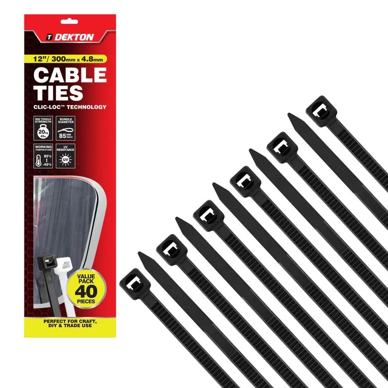 Dekton Heavy-Duty Multi Purpose Cable Ties Black 300mm x 4.8mm Pack of 40 DT70471B | Clic-Loc Technology | High Tensile Strength | Temperature Resistant | Self-Locking Teeth | For Indoor and Outdoor Use | UV Resistance | Bundle Diameter 85mm | Holds Up to 20Kg | For Craft-DIY and Trade Use | Bundling Tools