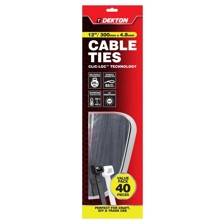 Dekton Heavy-Duty Multi Purpose Cable Ties Black 300mm x 4.8mm Pack of 40 DT70471B | Clic-Loc Technology | High Tensile Strength | Temperature Resistant | Self-Locking Teeth | For Indoor and Outdoor Use | UV Resistance | Bundle Diameter 85mm | Holds Up