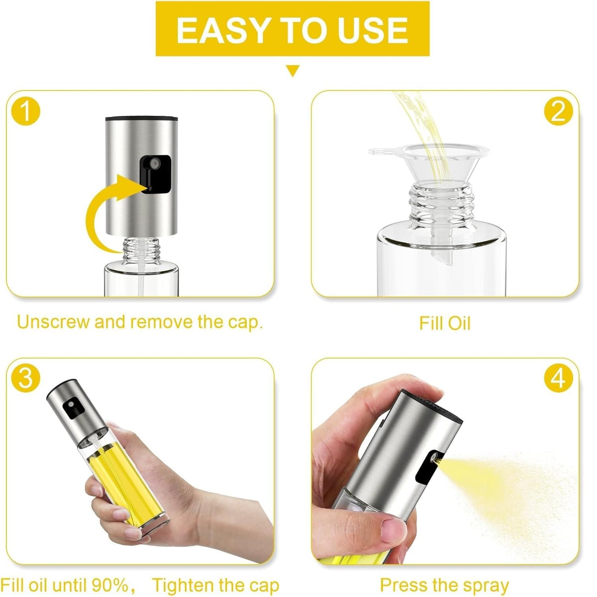 Glass Oil Spray Dispenser with Measurement Markings Clear 100ml 170492240 | Stainless Steel Olive Oil Mister Bottle | Fine Mist Sprayer | For Cooking Baking BBQ | Refillable Kitchen Oil Sprayer | Leakproof Vinegar Spray Bottle | Oil Mister | Refillable