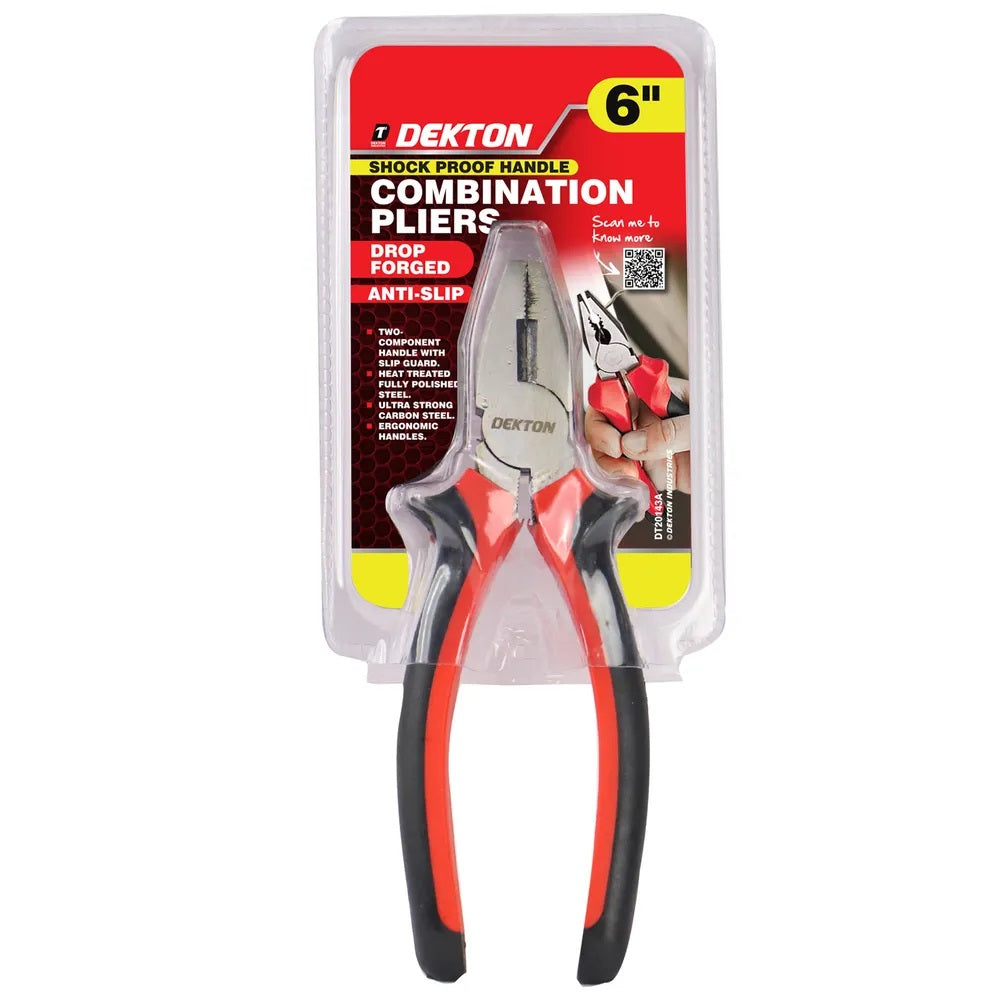 Dekton Combination Pliers Red and Black 6-Inch DT20143A | Drop Forged Carbon Steel | Shockproof Handle | Heavy Duty Multipurpose Pliers | For Cutting Gripping Bending | DIY Electrical Repair Hand Tool | Ergonomic Handles | Heat Treated Fully Polished