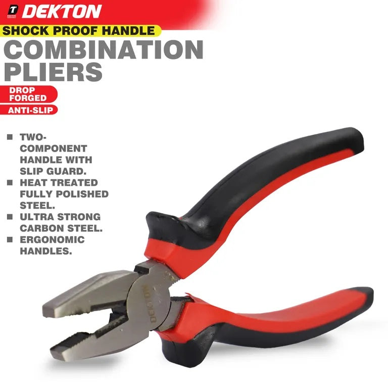 Dekton Combination Pliers Red and Black 6-Inch DT20143A | Drop Forged Carbon Steel | Shockproof Handle | Heavy Duty Multipurpose Pliers | For Cutting Gripping Bending | DIY Electrical Repair Hand Tool | Ergonomic Handles | Heat Treated Fully Polished