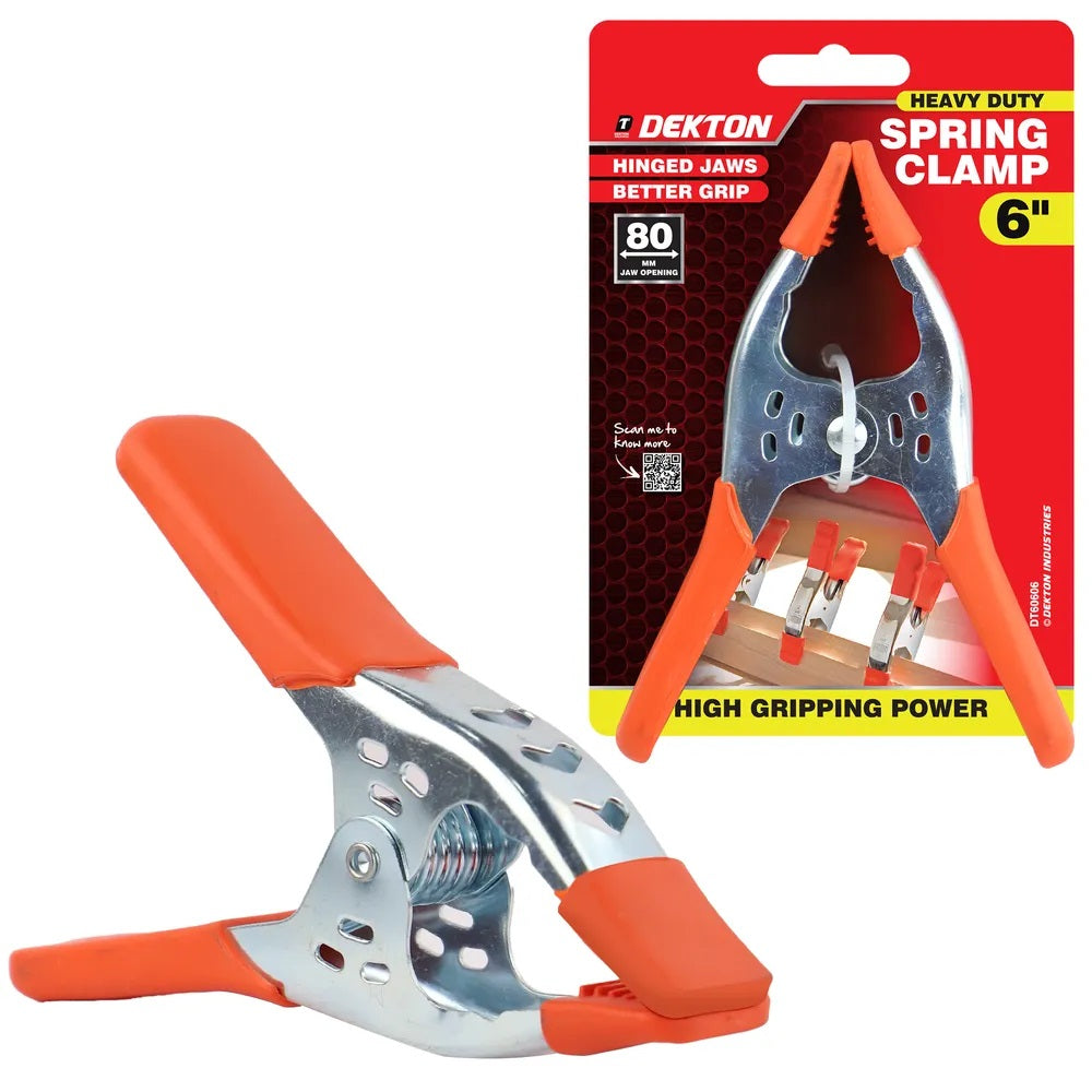 Dekton Spring Clamps Red and Silver 6-Inch Pack of 1 DT60606 | Heavy Duty Grip Clamps | Hinged Jaws | 80mm Jaw Opening | High Gripping Power | Non Slip Protective Tips | For Woodworking DIY Crafts and Repairs | Craft Clamps | Assembly Clamps | Multi Purpose Clamps | Better Grip on Uneven Surfaces