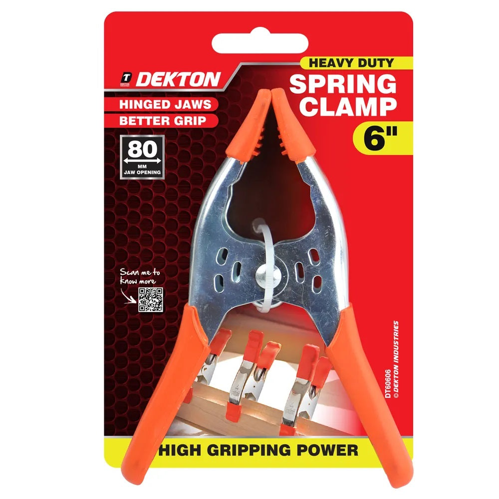 Dekton Spring Clamps Red and Silver 6-Inch Pack of 1 DT60606 | Heavy Duty Grip Clamps | Hinged Jaws | 80mm Jaw Opening | High Gripping Power | Non Slip Protective Tips | For Woodworking DIY Crafts and Repairs | Craft Clamps | Assembly Clamps | Multi