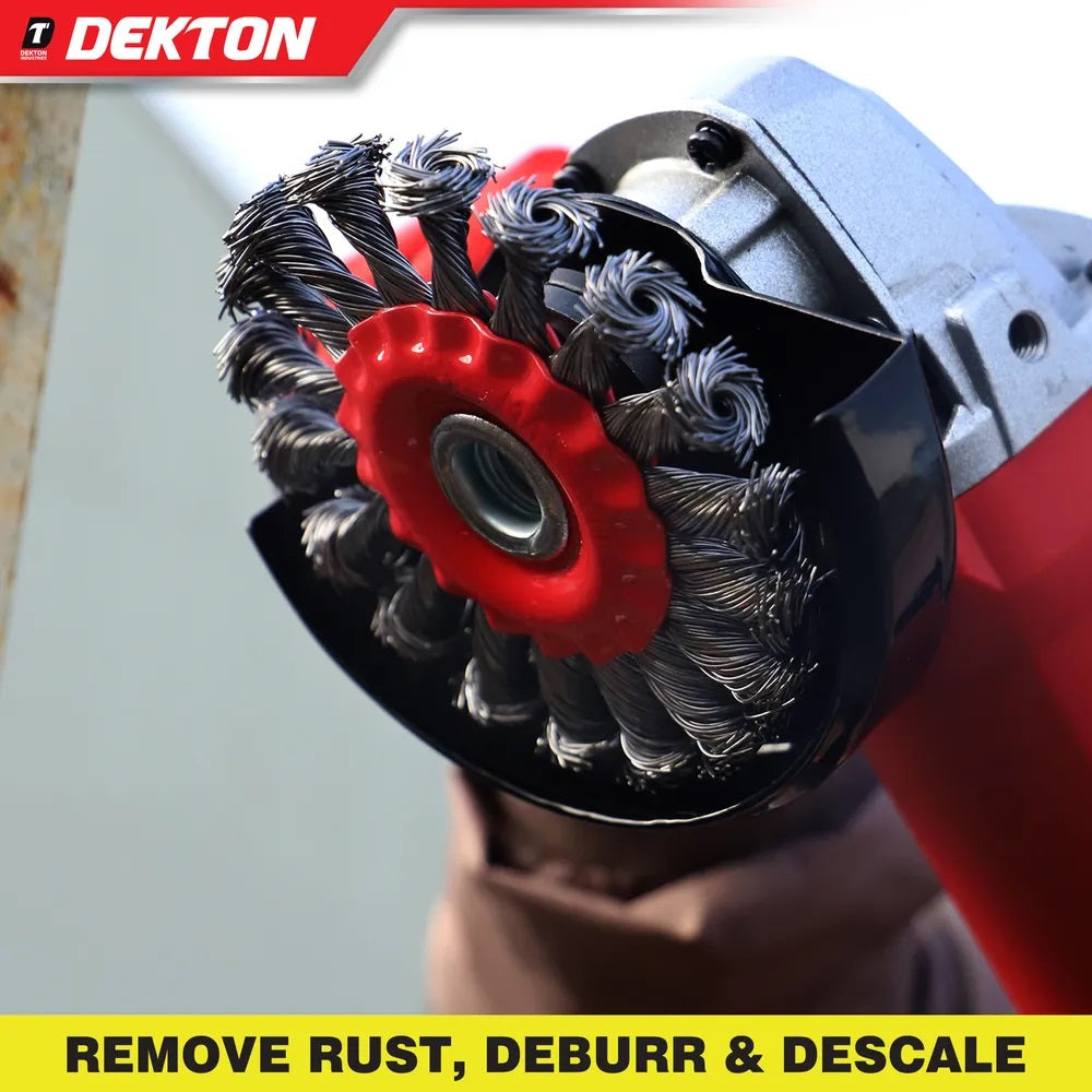 Dekton Twist Knot Wire Wheel M14 Red and Grey 100mm DT80513 | Professional Angle Grinder Wire Brush | Heavy Duty Rust Paint Removal Wheel | Deburr and Descale Cleaning Tool | 11000 RPM Max Speed | Steel Wire Brush | Grinder Accessories | Metal Cleaning