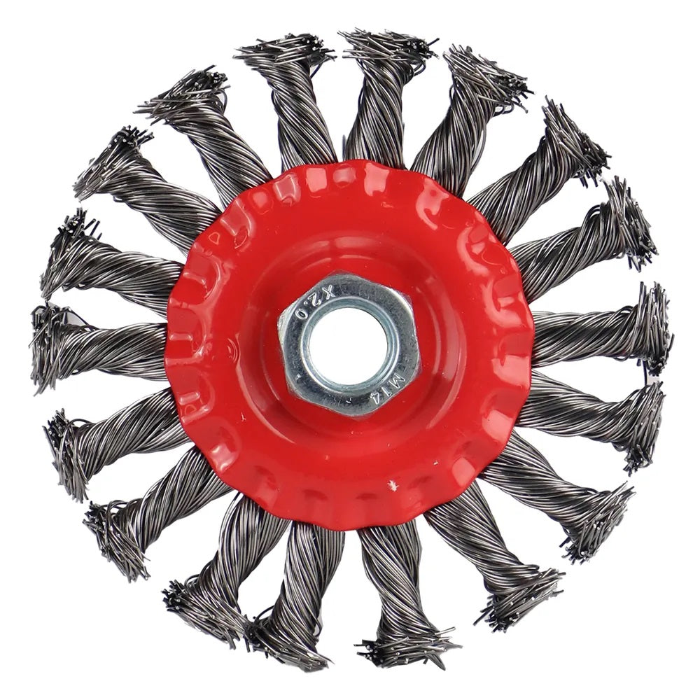 Dekton Twist Knot Wire Wheel M14 Red and Grey 100mm DT80513 | Professional Angle Grinder Wire Brush | Heavy Duty Rust Paint Removal Wheel | Deburr and Descale Cleaning Tool | 11000 RPM Max Speed | Steel Wire Brush | Grinder Accessories | Metal Cleaning