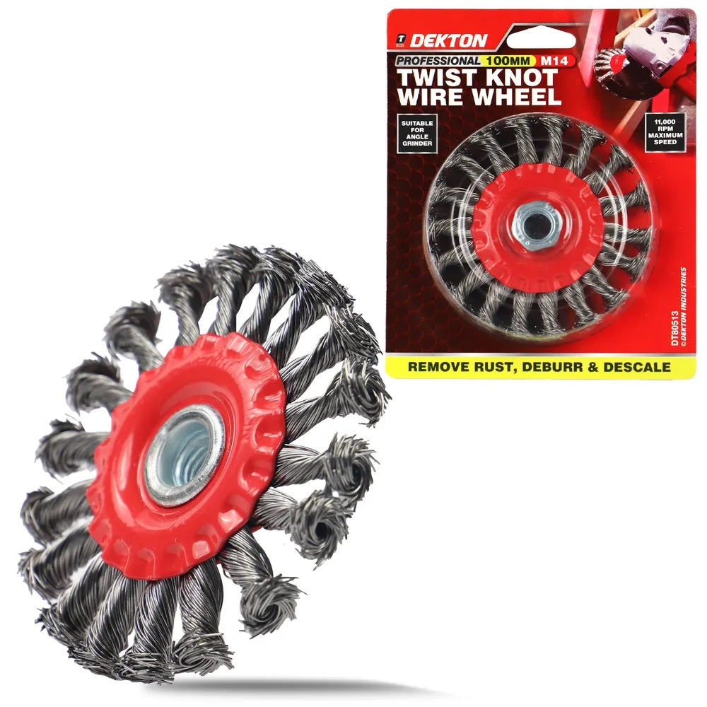 Dekton Twist Knot Wire Wheel M14 Red and Grey 100mm DT80513 | Professional Angle Grinder Wire Brush | Heavy Duty Rust Paint Removal Wheel | Deburr and Descale Cleaning Tool | 11000 RPM Max Speed | Steel Wire Brush | Grinder Accessories | Metal Cleaning