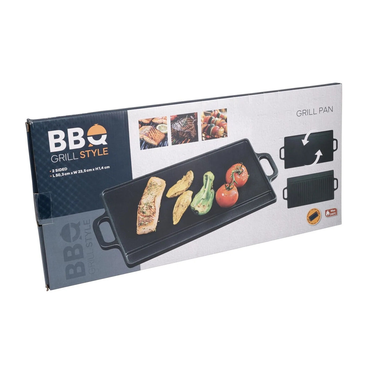BBQ Grill Style Double Sided Grill Pan with Handles Black 50.3cm x 23.5cm x 1.4cm C85000340 | Reversible Flat and Ribbed Cooking Surface | Non Stick Griddle Tray | Indoor Outdoor Cooking BBQ Plate | Max 240 Degree Celsius Heat Resistant | Meat Grill