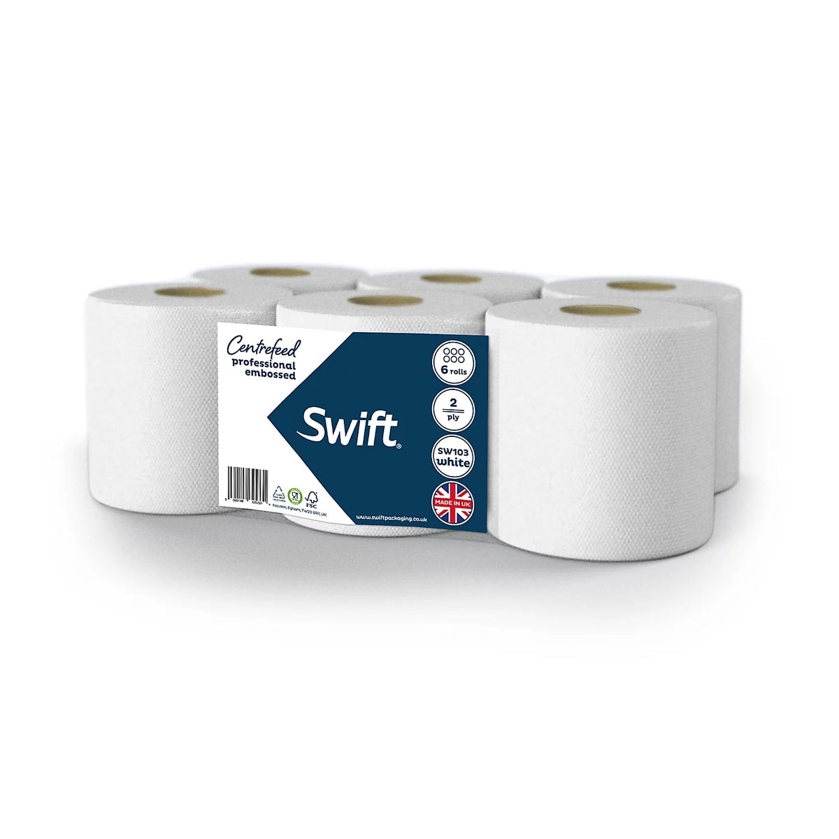 Swift Centrefeed 2 Ply Paper Rolls White Pack of 6 SW103 | Professional Embossed Cleaning Rolls | 100 Percent Recycled Tissue | Strong Absorbent | Wiping Paper | For Kitchens Workshops and Commercial Use | Recycled Paper Towels | Cleaning Paper