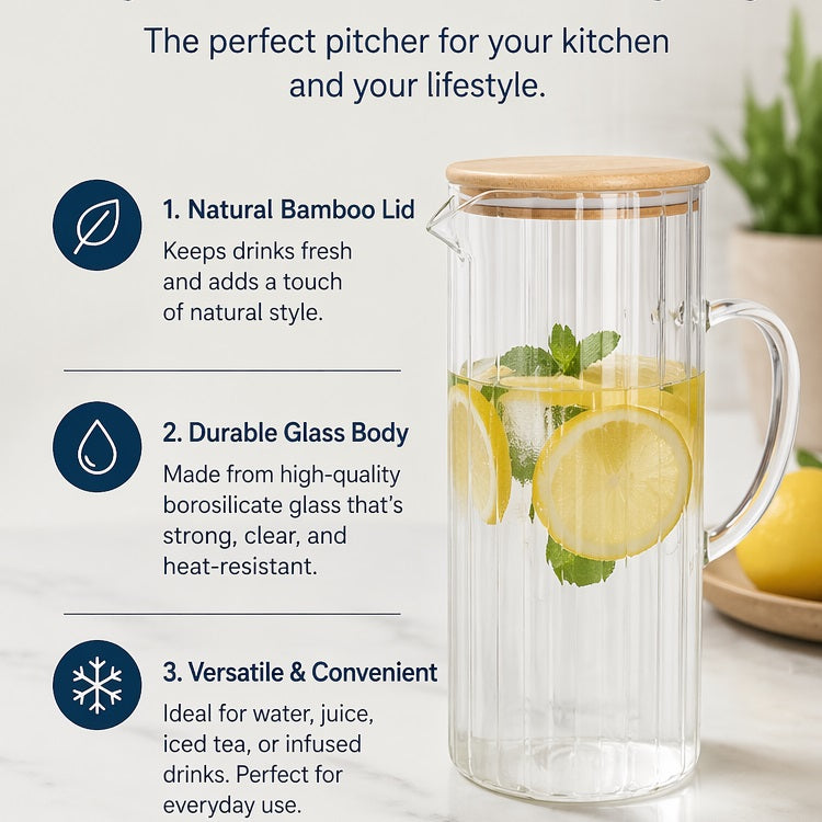 Excellent Houseware Glass Water Pitcher with Bamboo Lid Clear 1400ml CD4100140 | Ribbed Jug with Handle | Leakproof Lid | Carafe for Water Juice Iced Tea | Heat Resistant Glass | Drink Dispenser | Fridge Water Jug | Kitchen Water Jug | Beverage Pitcher | Serving Carafe