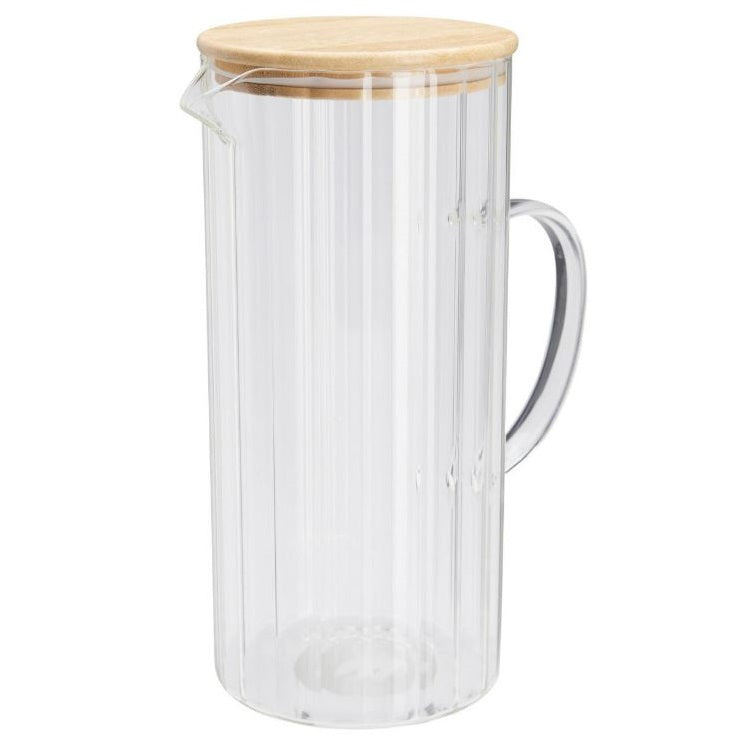 Excellent Houseware Glass Water Pitcher with Bamboo Lid Clear 1400ml CD4100140 | Ribbed Jug with Handle | Leakproof Lid | Carafe for Water Juice Iced Tea | Heat Resistant Glass | Drink Dispenser | Fridge Water Jug | Kitchen Water Jug | Beverage Pitcher