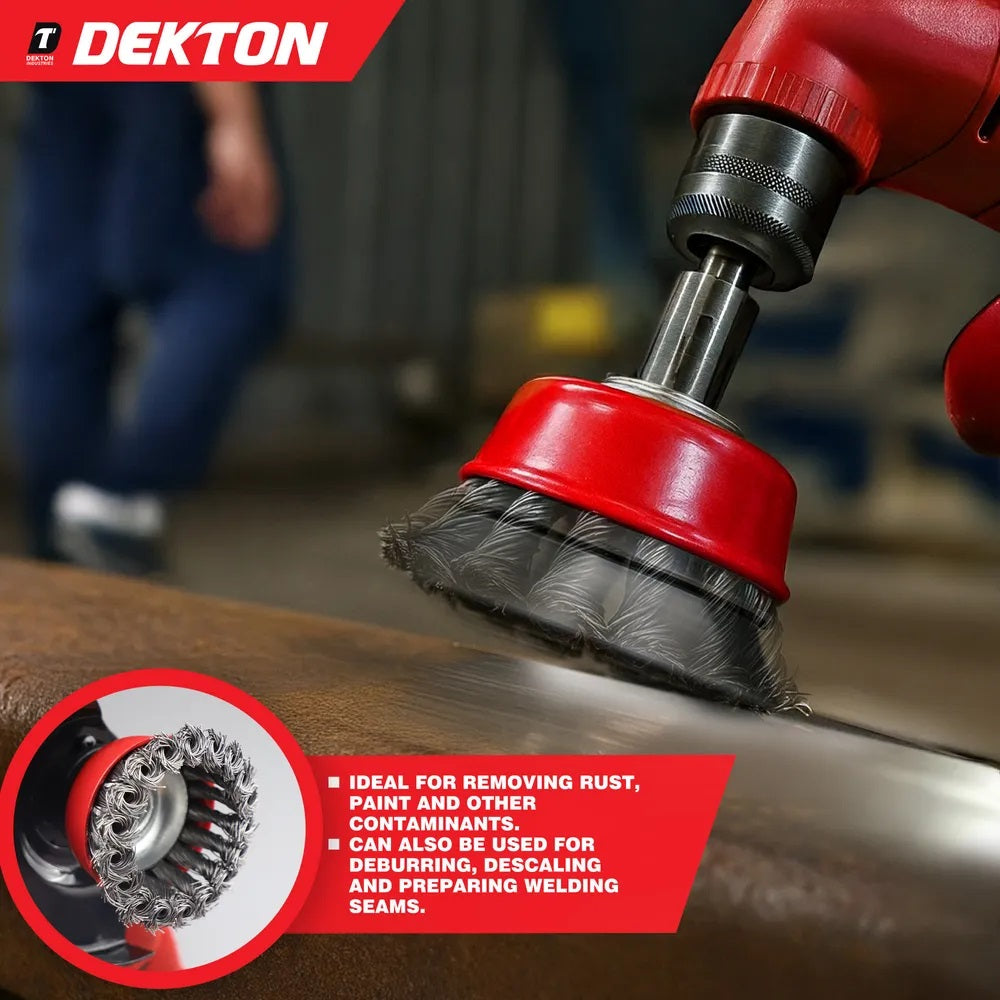 Dekton Professional Twist Knot Wire Cup Brush M14 Red 100mm DT80519 | Heavy Duty Steel Wire Brush | For Angle Grinder | Rust Paint Removal | Deburr | Descaling Tool | Maximum 8500 RPM Speed | For Prepairing Welding Seams | Metal Fabrication Tool