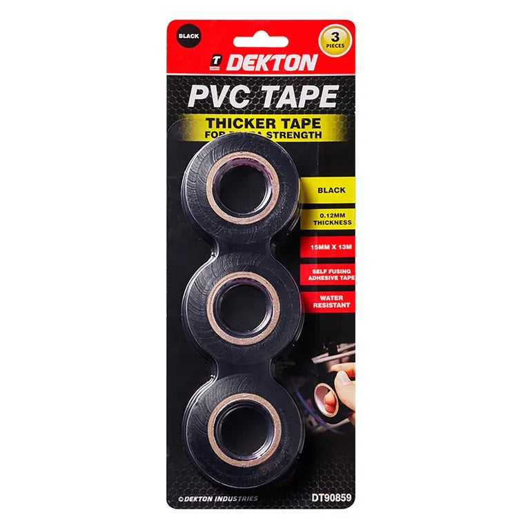 Dekton Extra Strength PVC Tape Black 13Mtr x 15mm Pack of 3 DT90859 | 0.12mm Thickness | Water Resistant | For Electrical Repairs | Self Fusing Adhesive Tape | Electrical Insulation Tape | Cable Protection Tape | DIY Electrical Tape | Multi Purpose Tape