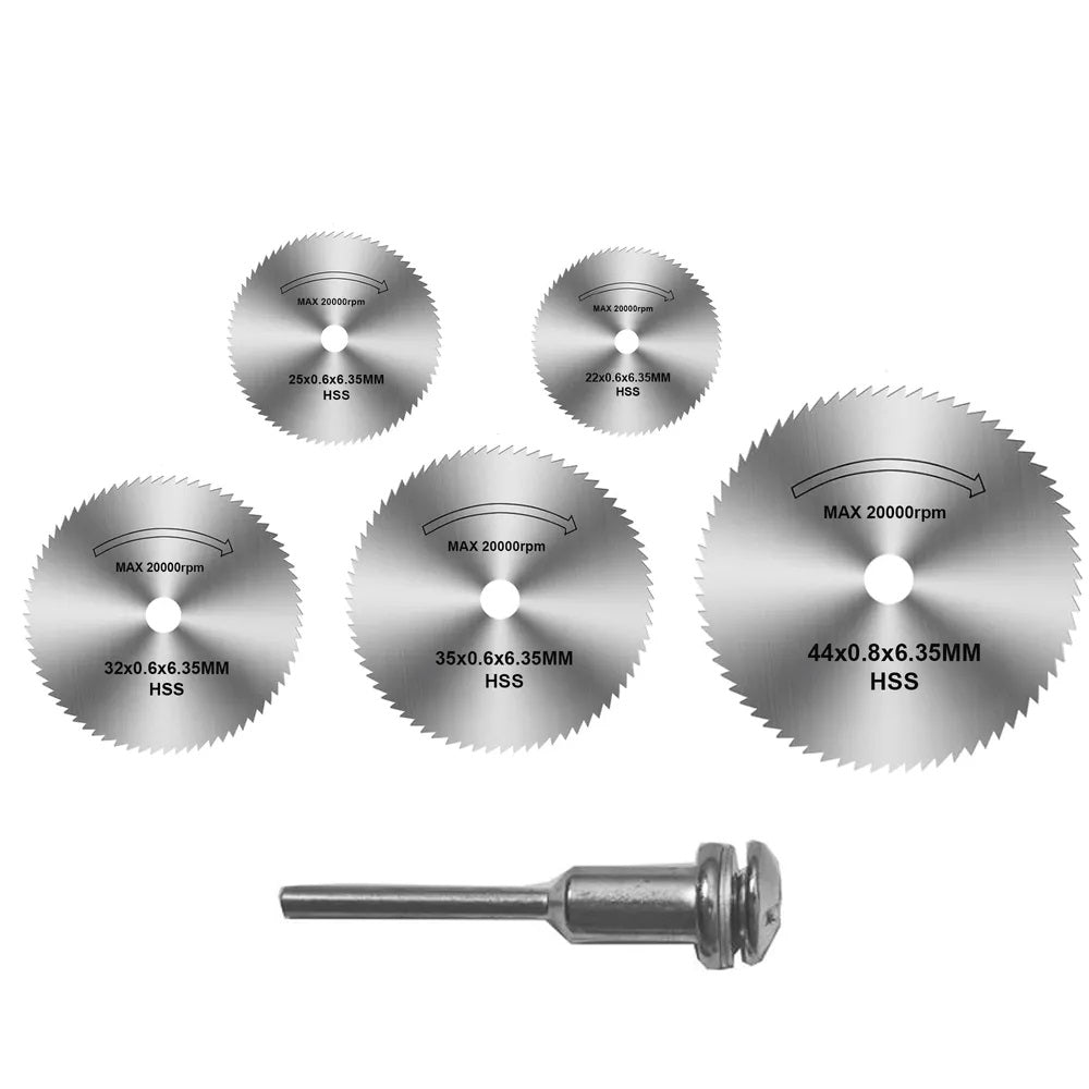 Dekton Rotary Saw Blade Kit with Mandrel Chrome Finish Pack of 6 DT80503 | High Speed Steel Blade and Mandrel | Compatible with Rotary Tools | 20000 RPM | Mini Circular Saw Blade | Rotary Tool Accessories | Saw Blade Kit | HSS Saw Blade | Cutting Disc Set | Wood Cutting Blade | Metal Cutting Blade | Aluminium Cutting Blade | Brass Cutting Blade | Power Tool Accessories | Includes 0.75-Inch Blade | 0.36-Inch Blade | 0.25-Inch Blade | 1-Inch Blade | 0.86-Inch Blade