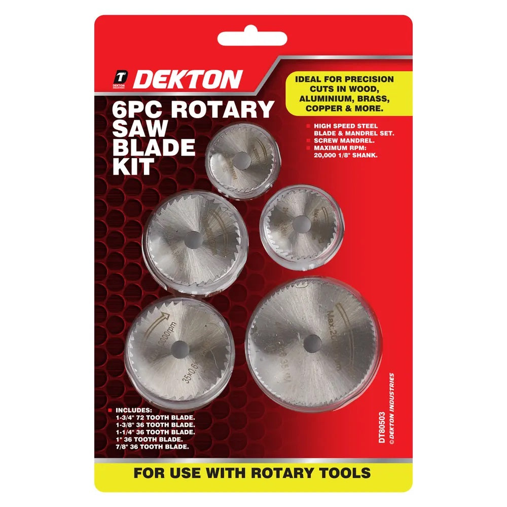 Dekton Rotary Saw Blade Kit with Mandrel Chrome Finish Pack of 6 DT80503 | High Speed Steel Blade and Mandrel | Compatible with Rotary Tools | 20000 RPM | Mini Circular Saw Blade | Rotary Tool Accessories | Saw Blade Kit | HSS Saw Blade | Cutting Disc