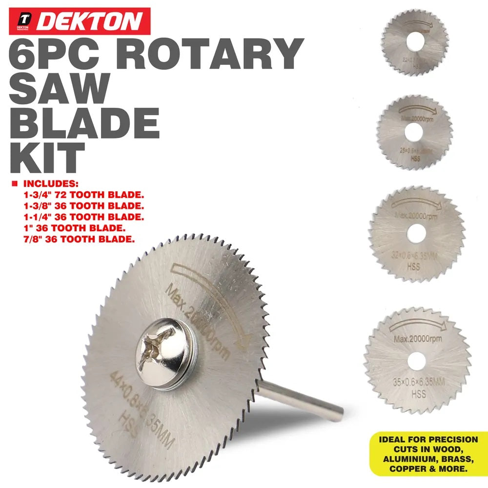 Dekton Rotary Saw Blade Kit with Mandrel Chrome Finish Pack of 6 DT80503 | High Speed Steel Blade and Mandrel | Compatible with Rotary Tools | 20000 RPM | Mini Circular Saw Blade | Rotary Tool Accessories | Saw Blade Kit | HSS Saw Blade | Cutting Disc