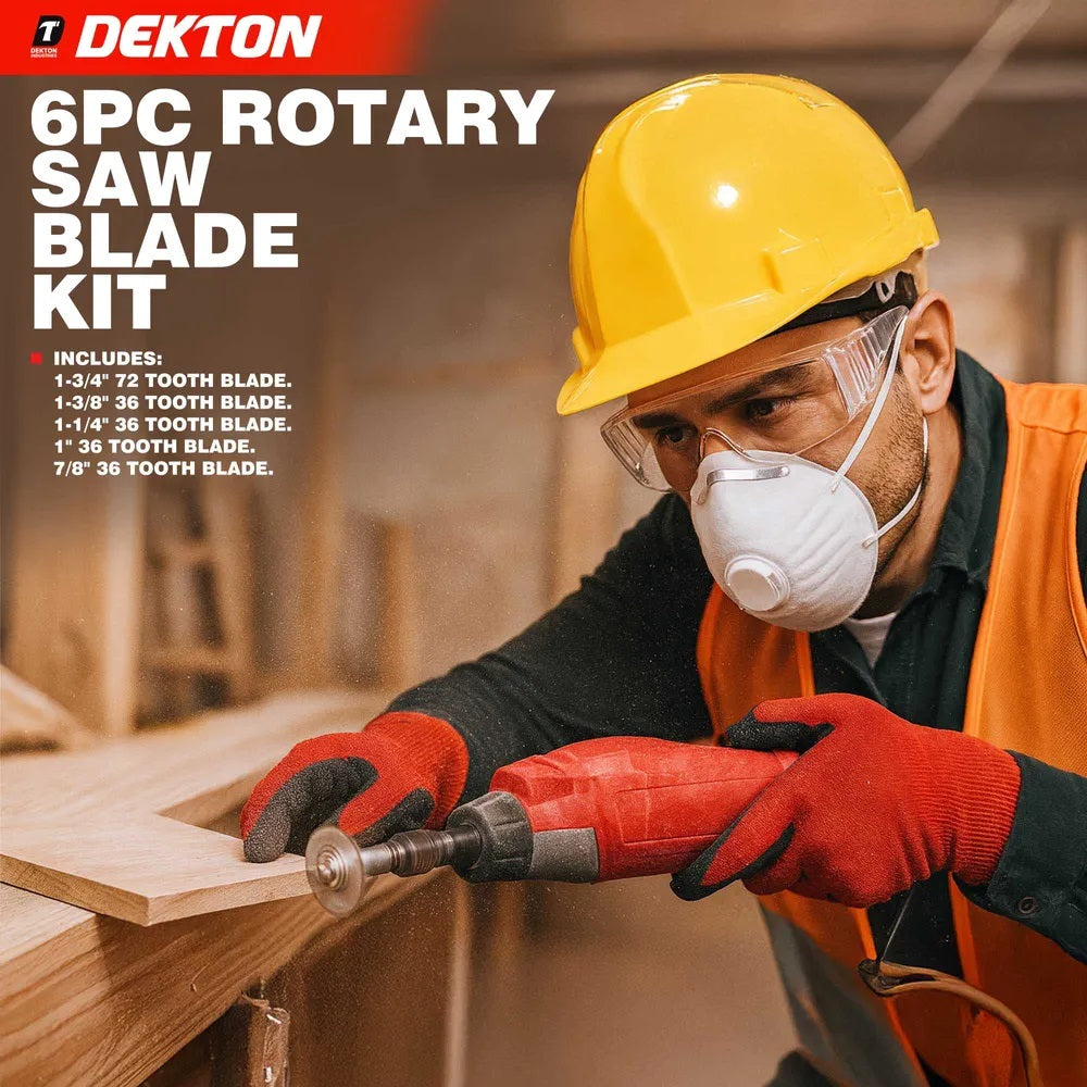 Dekton Rotary Saw Blade Kit with Mandrel Chrome Finish Pack of 6 DT80503 | High Speed Steel Blade and Mandrel | Compatible with Rotary Tools | 20000 RPM | Mini Circular Saw Blade | Rotary Tool Accessories | Saw Blade Kit | HSS Saw Blade | Cutting Disc