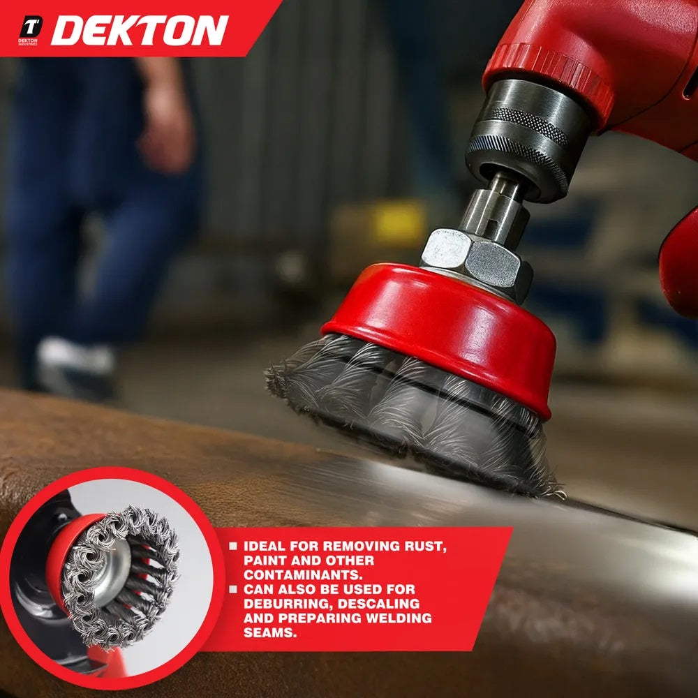 Dekton Professional Twist Knot Wire Cup Brush M14 Red 75mm DT80517 | Heavy Duty Steel Wire Brush | For Angle Grinder | Rust Paint Removal | Deburr | Descaling Tool | Maximum 12500 RPM Speed | For Prepairing Welding Seams | Metal Fabrication Tool