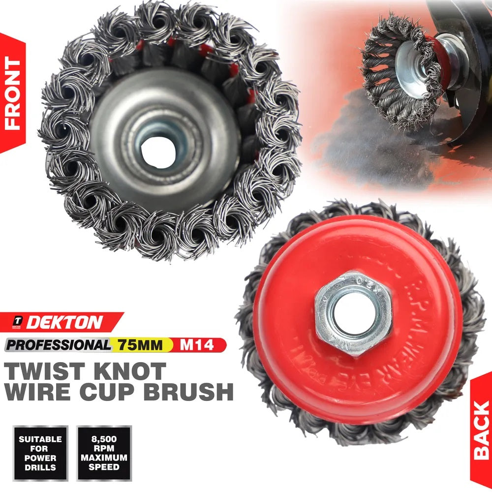 Dekton Professional Twist Knot Wire Cup Brush M14 Red 75mm DT80517 | Heavy Duty Steel Wire Brush | For Angle Grinder | Rust Paint Removal | Deburr | Descaling Tool | Maximum 12500 RPM Speed | For Prepairing Welding Seams | Metal Fabrication Tool