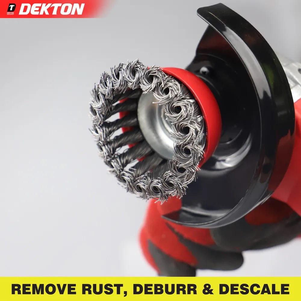 Dekton Professional Twist Knot Wire Cup Brush M14 Red 75mm DT80517 | Heavy Duty Steel Wire Brush | For Angle Grinder | Rust Paint Removal | Deburr | Descaling Tool | Maximum 12500 RPM Speed | For Prepairing Welding Seams | Metal Fabrication Tool
