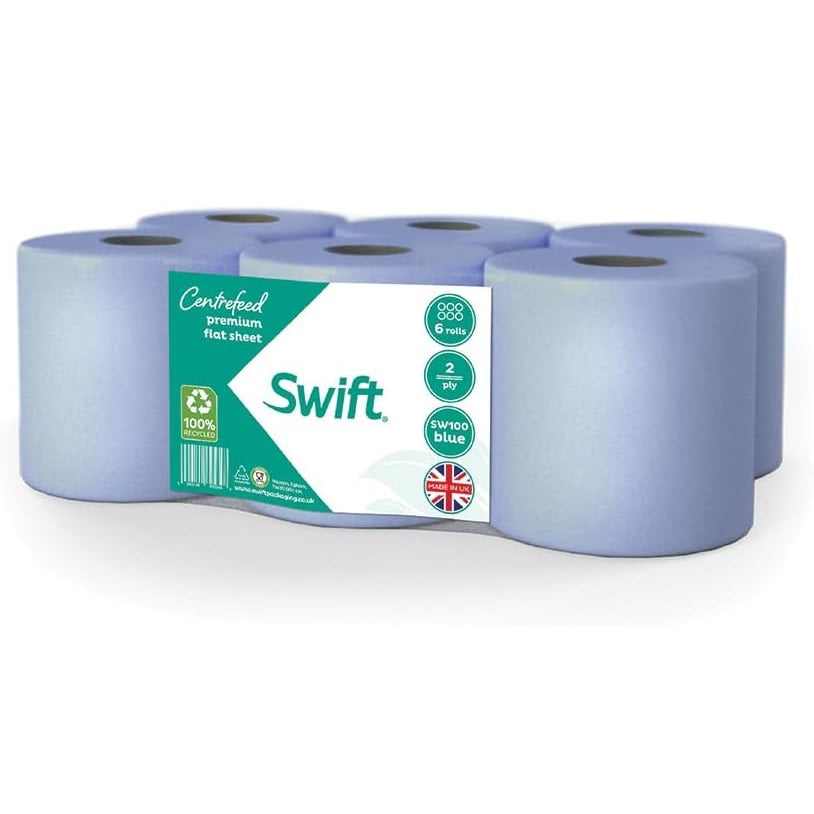 Swift Centrefeed 2 Ply Paper Rolls Blue Pack of 6 SW100 | Premium Flat Sheet | 100 Percent Recycled Tissue | Strong Absorbent | Wiping Paper | For Kitchens Workshops and Commercial Use | Recycled Paper Towels | Cleaning Paper | Multipurpose Paper Towels