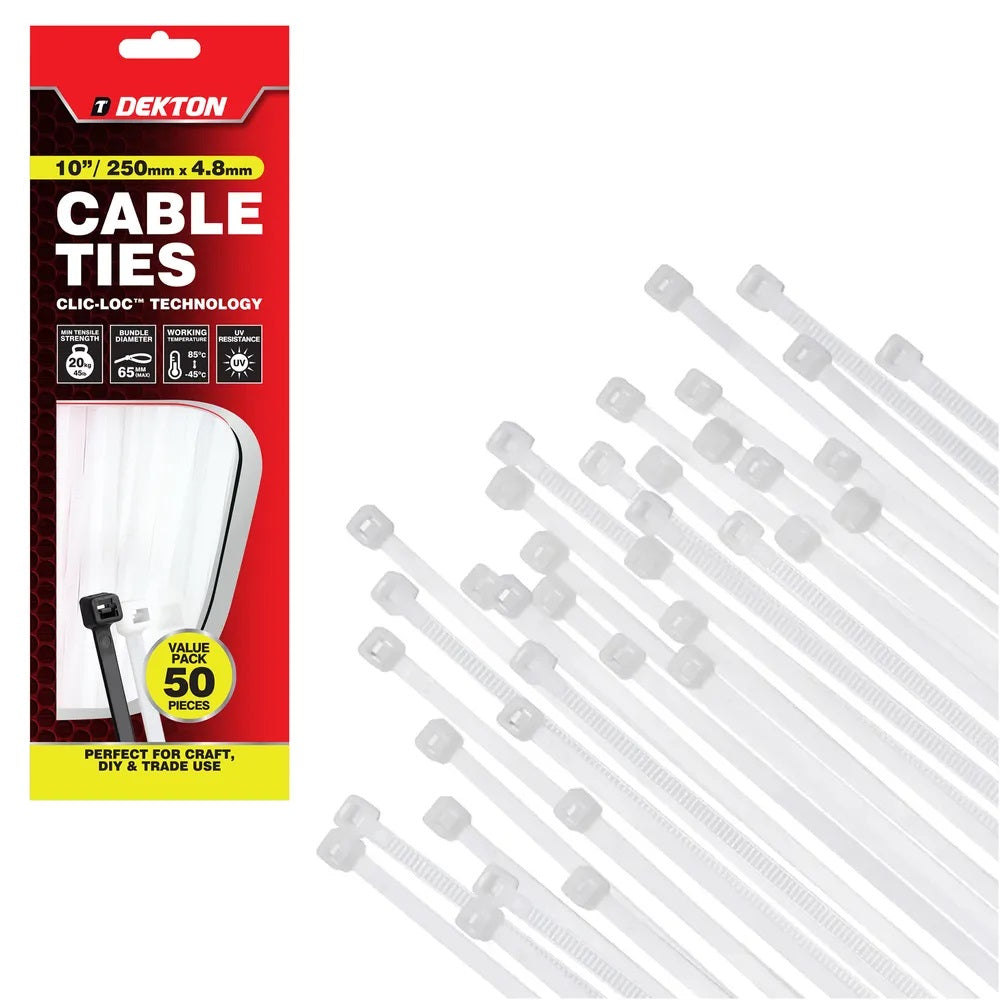 Dekton Heavy-Duty Multi Purpose Cable Ties White 250mm x 4.8mm Pack of 50 DT70465B | Clic-Loc Technology | High Tensile Strength | Temperature Resistant | Self-Locking Teeth | For Indoor and Outdoor Use | UV Resistance | Bundle Diameter 65mm | Holds Up