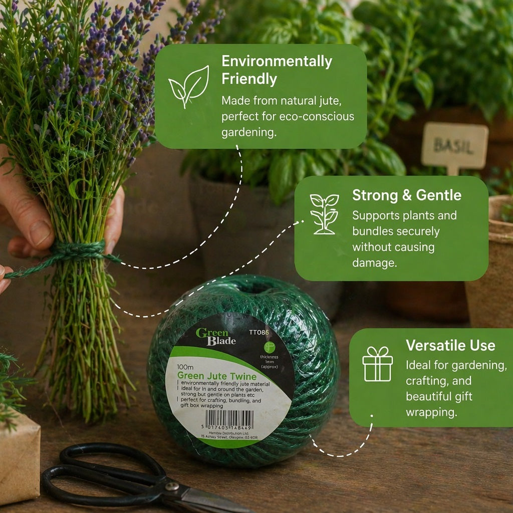 Green Blade Jute Garden Twine Green 100Mtr x 1mm TT086 | Strong Multipurpose Rope | For Gardening | DIY | Packaging and Outdoor Use | Jute Twine | Utility Rope | Plant Support Twine | Garden String | Gift Box Wrapping | Bundling | Environmentally Friendly Material | For Crafting and Bundling | For In and Around the Graden | Gentle on Plants