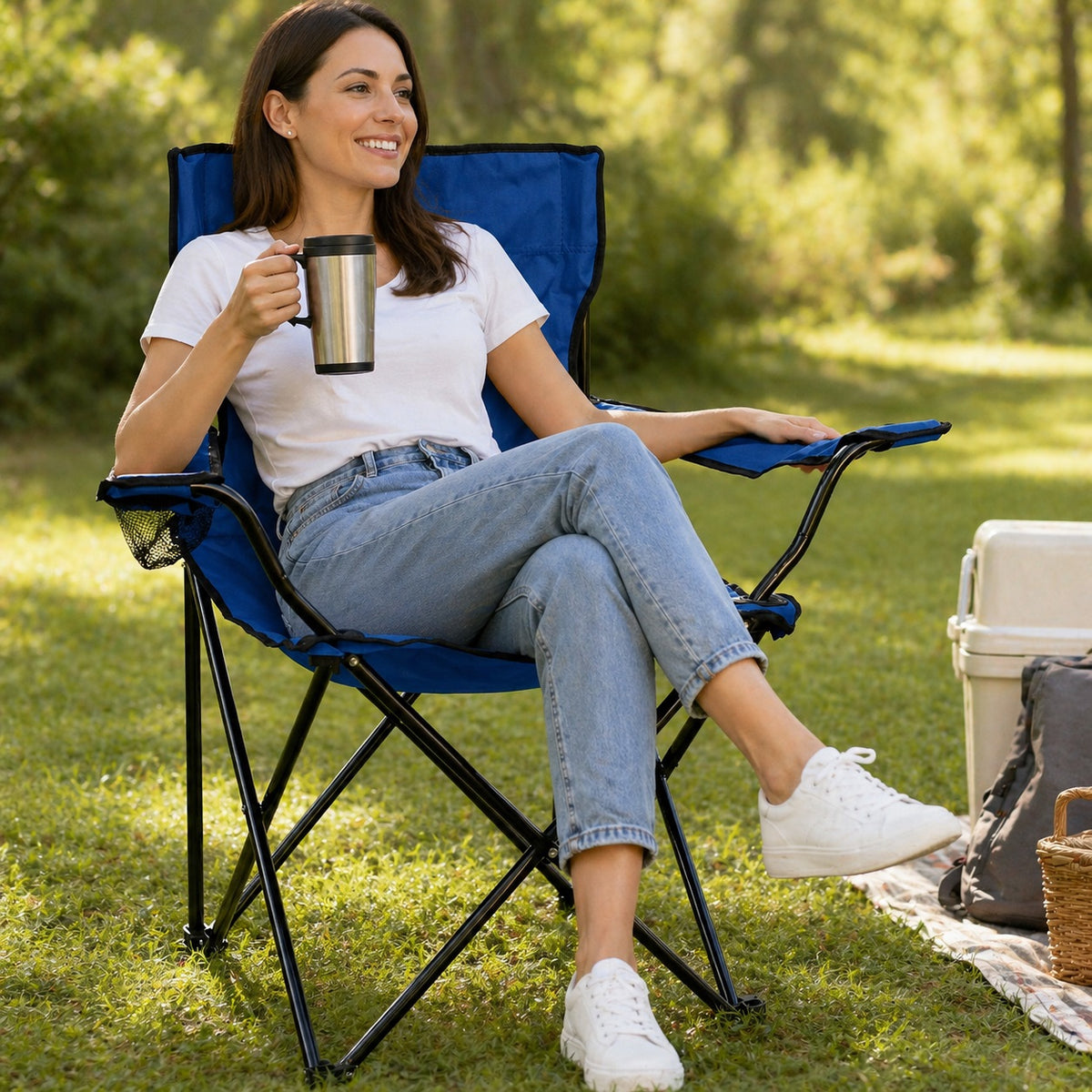 Redwood Leisure Canvas Chair Blue 47cm x 38cm x 80cm FC102B | Folding Camping Chair | Chair with Arms and Cup Holder | Lightweight and Portable Design | 120kg Capacity | Ideal for Camping Caravanning Garden and Outdoor Use | Includes Carry Bag for Easy Storage and Transport