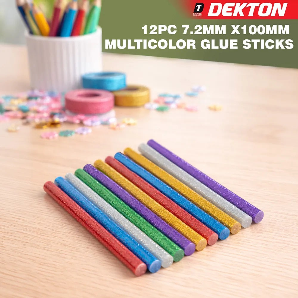 Dekton Colour Glitter Glue Sticks Multicolour 7.2mm x 100mm Pack of 12 DT60885 | Mixed Colours | Hot Melt Adhesive for Glue Guns | Craft DIY Art Supplies | Strong Bond | Multi Purpose Sticks | Quick Drying | For Metal | Plastic | Fabric | Wood and More