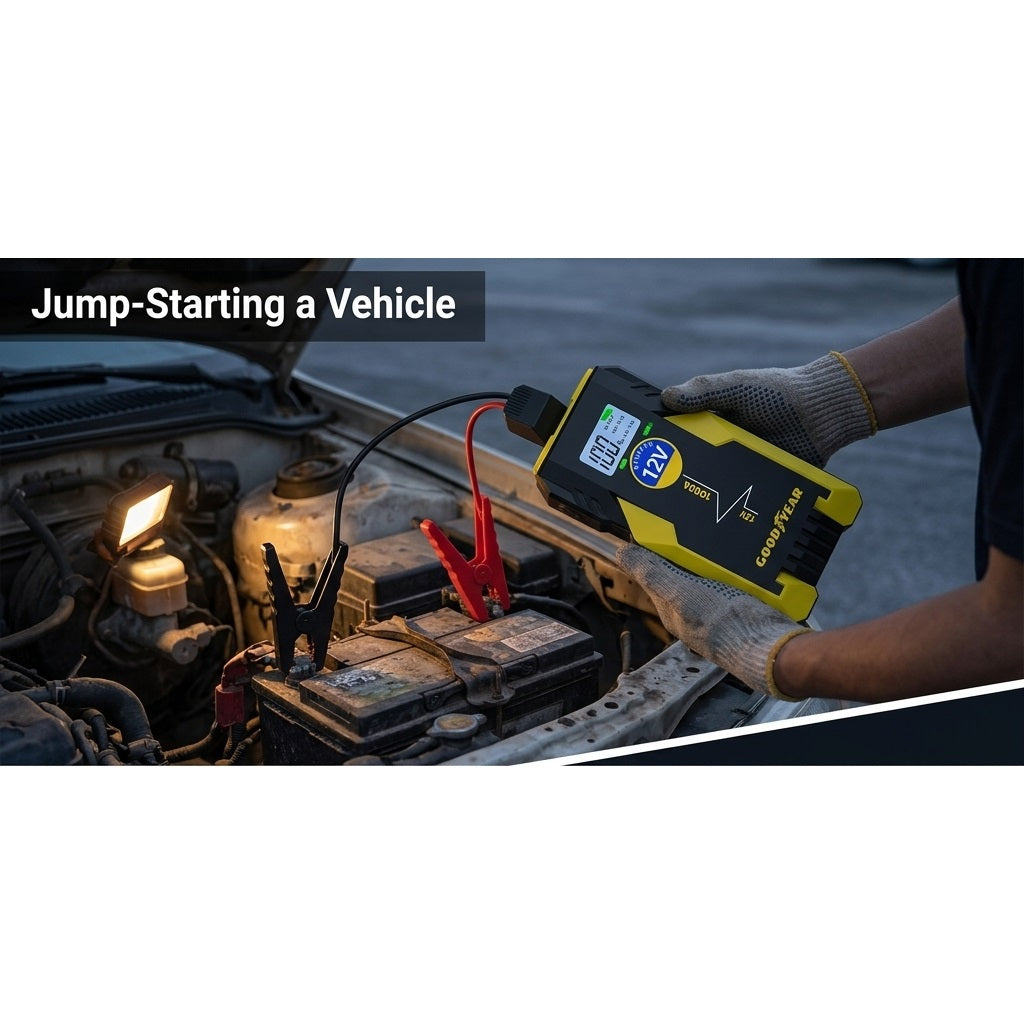 Goodyear 12V Lithium Jump Starter Black and Yellow 901038 | 1000A | USB Rechargeable | Car Battery Booster Pack | Portable Power Bank with LED Light | Low Voltage Protection | Carry Case and Cables Included | For Petrol and Diesel Vehicles | High Voltage