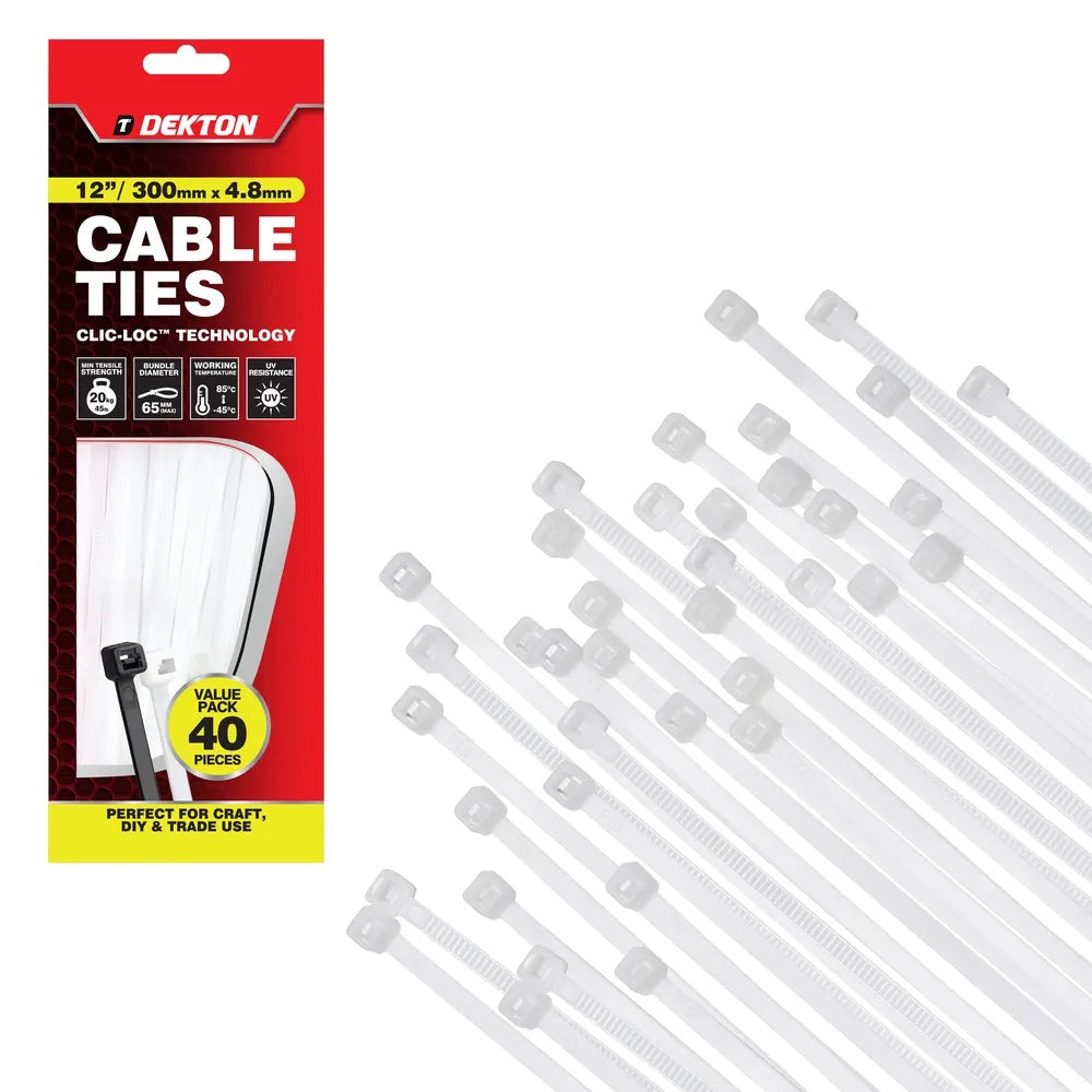 Dekton Heavy-Duty Multi Purpose Cable Ties White 300mm x 4.8mm Pack of 40 DT70470B | Clic-Loc Technology | High Tensile Strength | Temperature Resistant | Self-Locking Teeth | For Indoor and Outdoor Use | UV Resistance | Bundle Diameter 85mm | Holds Up to 20Kg | For Craft-DIY and Trade Use | Bundling Tools