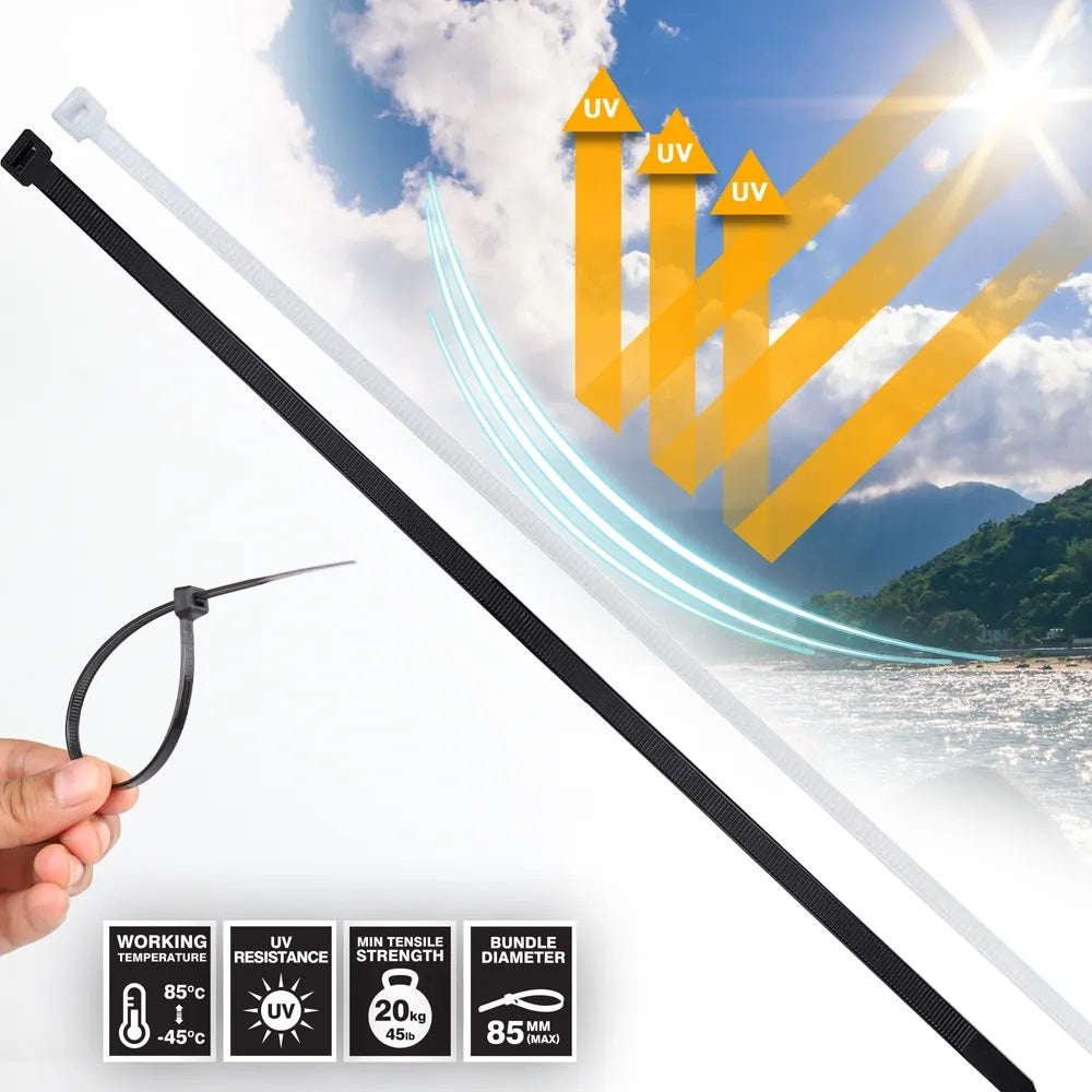 Dekton Heavy-Duty Multi Purpose Cable Ties White 300mm x 4.8mm Pack of 40 DT70470B | Clic-Loc Technology | High Tensile Strength | Temperature Resistant | Self-Locking Teeth | For Indoor and Outdoor Use | UV Resistance | Bundle Diameter 85mm | Holds Up