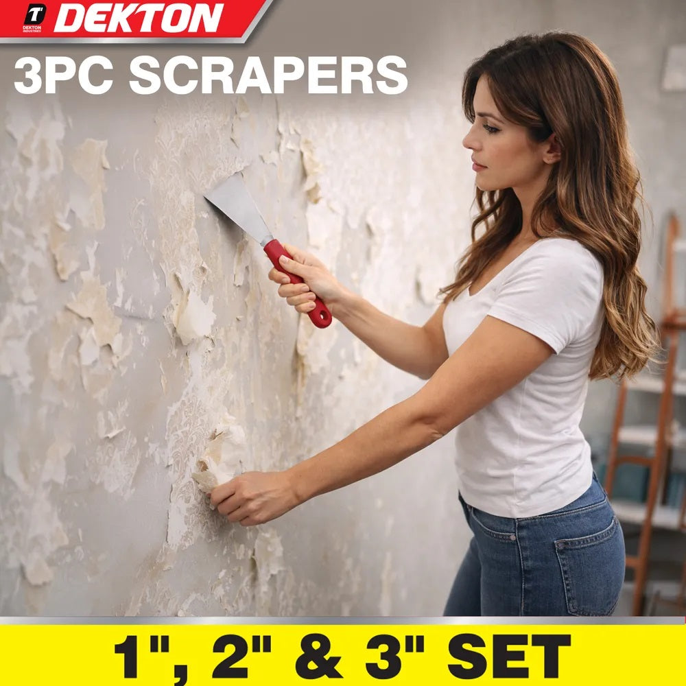 Dekton Heavy Duty Stainless Steel Scrapers Maroon Pack of 3 DT95797 | Set of 1-Inch | 2-Inch and 3-Inch | Multipurpose Tools | Ergonomic Wooden Handles | Paint Scraper | Wallpaper Scrapers | Filling Cracks | Repairing Holes Tool Set | Plaster Scraper