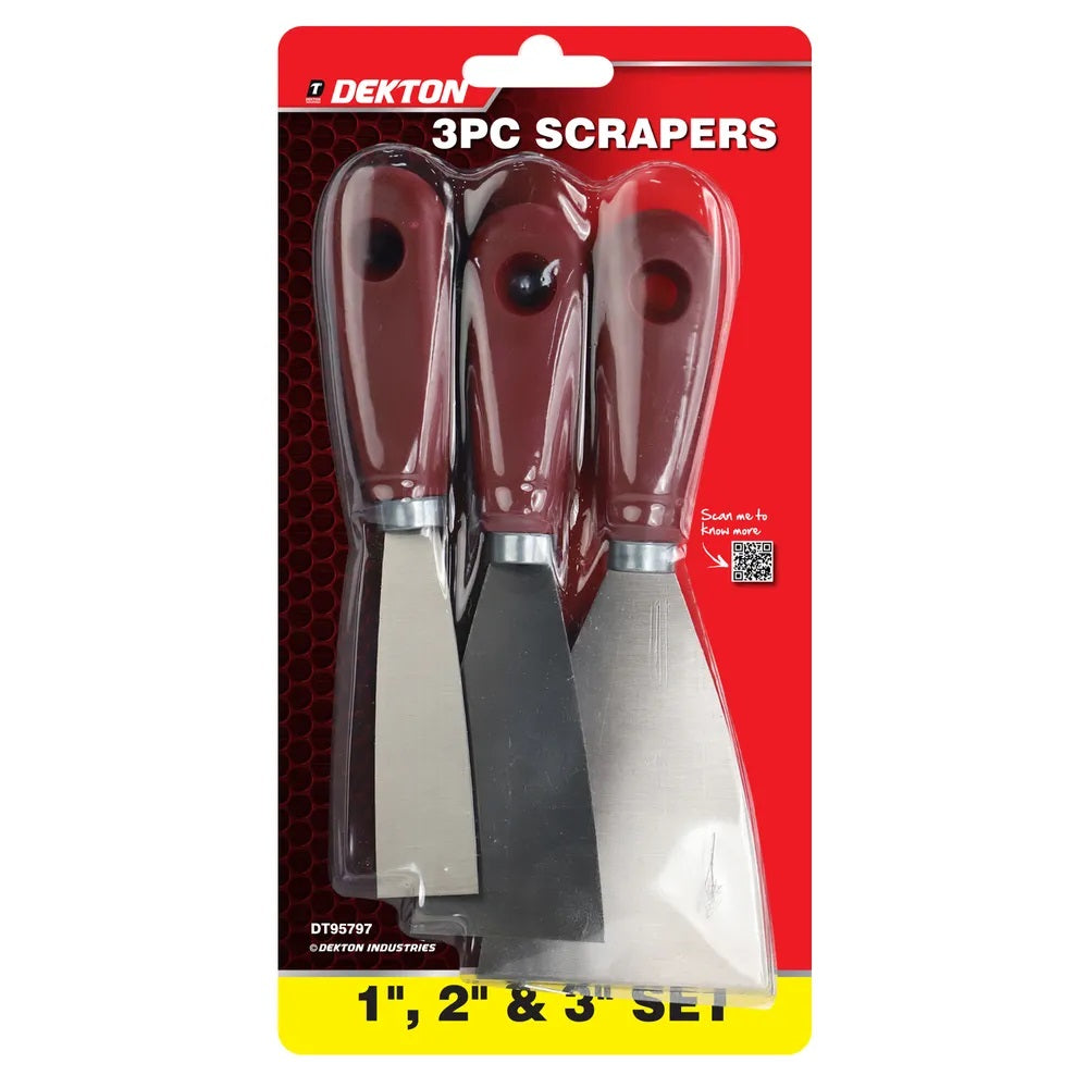 Dekton Heavy Duty Stainless Steel Scrapers Maroon Pack of 3 DT95797 | Set of 1-Inch | 2-Inch and 3-Inch | Multipurpose Tools | Ergonomic Wooden Handles | Paint Scraper | Wallpaper Scrapers | Filling Cracks | Repairing Holes Tool Set | Plaster Scraper