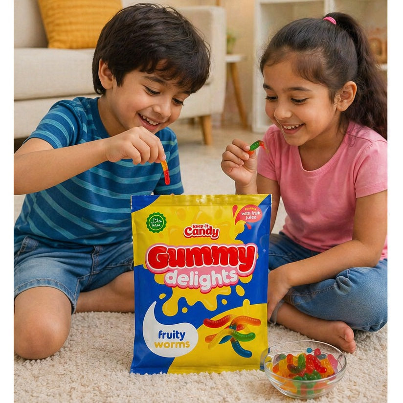 Keep It Candy Gummy Delights Fruity Worms Assorted Colours 160g 201260 | Soft Chewy Jelly Sweets | Bursting Fruit Juice Flavour | Colourful Gummy Worms Treat Bag | Fruit Flavour Gummy Shapes | Jelly Sweets | Chewy Candy | Halal Candy | Soft Candy | Sweet Snacks | Confectionery Treats