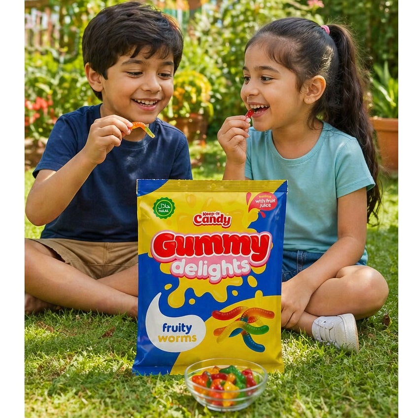 Keep It Candy Gummy Delights Fruity Worms Assorted Colours 160g 201260 | Soft Chewy Jelly Sweets | Bursting Fruit Juice Flavour | Colourful Gummy Worms Treat Bag | Fruit Flavour Gummy Shapes | Jelly Sweets | Chewy Candy | Halal Candy | Soft Candy | Sweet